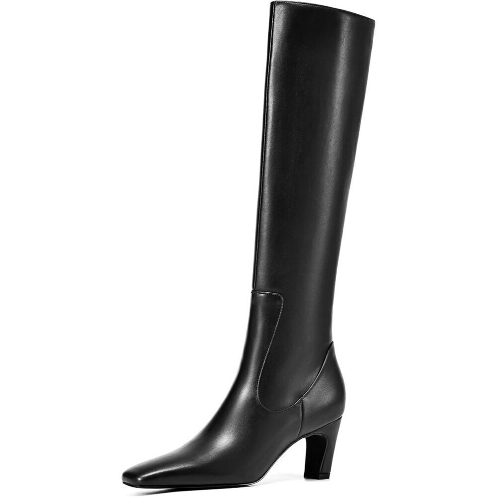 Women's Faux Leather Black Knee High Square Toe Tall Side Zipper Long Boot